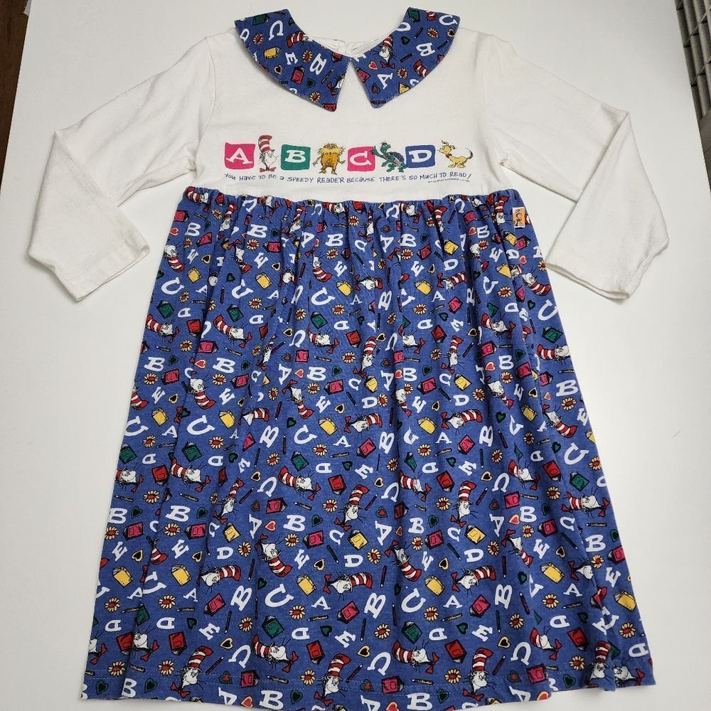 Girls Dr. Seuss Cat in the Hat Vintage 1994 Alphabet ABC Collared Dress Size 6-7